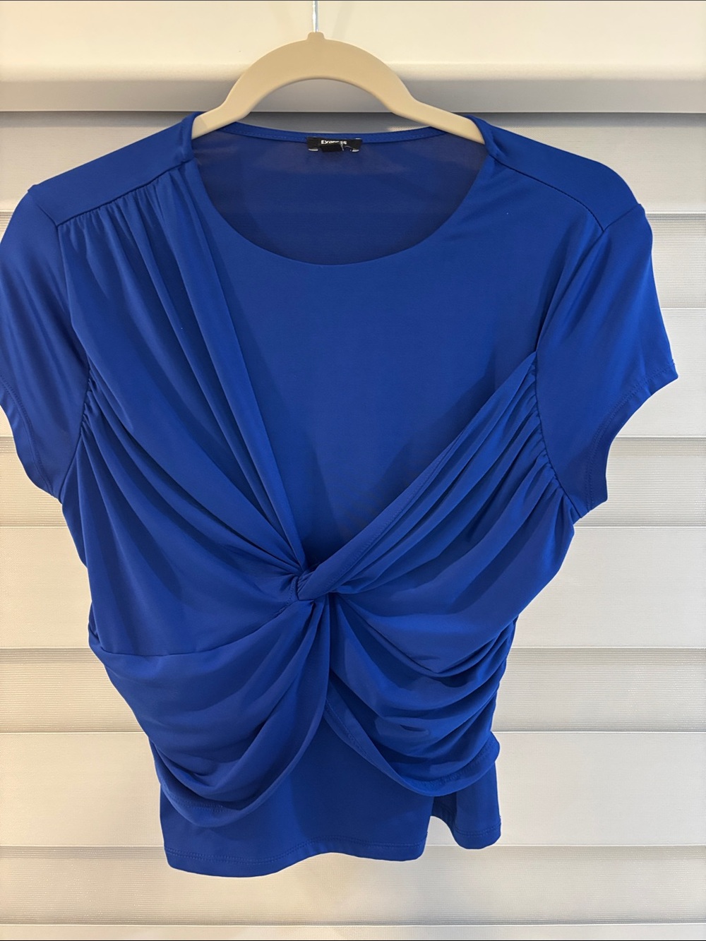 Express Royal Blue Knot-Front Draped Short Sleeve Top